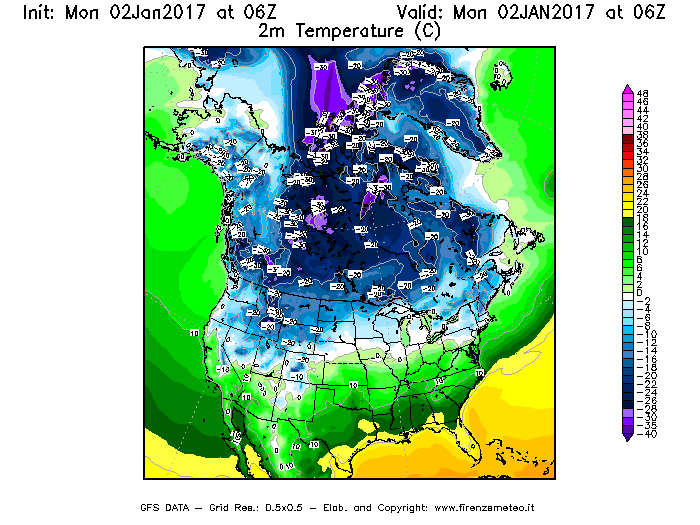 Mappa di analisi GFS - Temperatura a 2 metri dal suolo [°C] in Nord-America
									del 02/01/2017 06 <!--googleoff: index-->UTC<!--googleon: index-->
