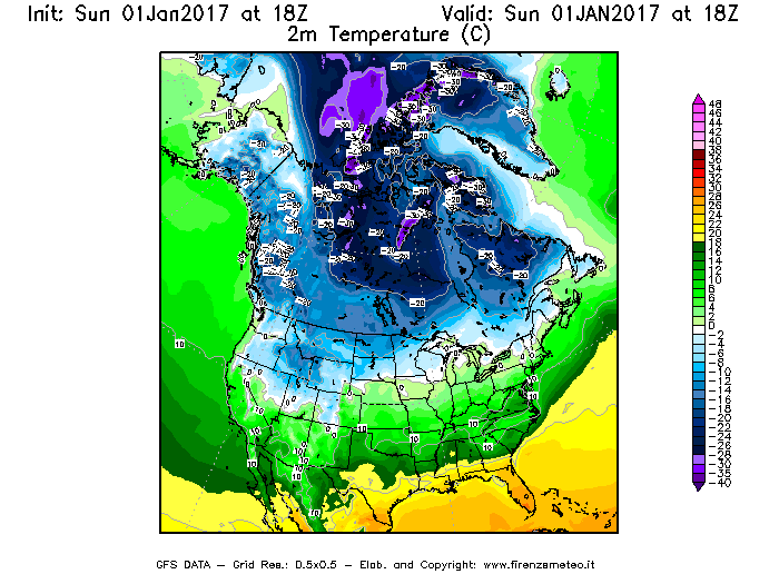 Mappa di analisi GFS - Temperatura a 2 metri dal suolo [°C] in Nord-America
									del 02/01/2017 18 <!--googleoff: index-->UTC<!--googleon: index-->