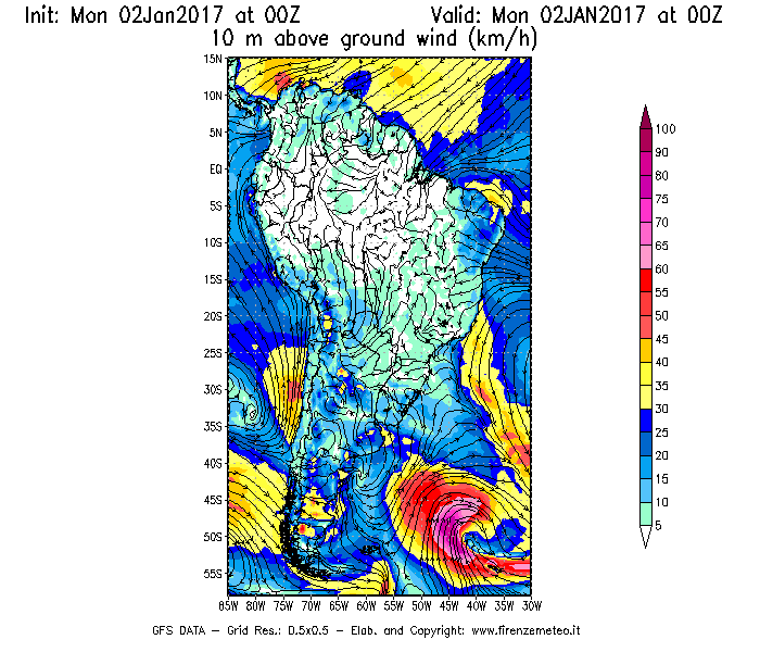 Mappa di analisi GFS - Velocità del vento a 10 metri dal suolo [km/h] in Sud-America
							del 02/01/2017 00 <!--googleoff: index-->UTC<!--googleon: index-->