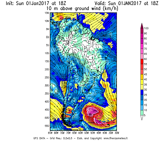 Mappa di analisi GFS - Velocità del vento a 10 metri dal suolo [km/h] in Sud-America
							del 02/01/2017 18 <!--googleoff: index-->UTC<!--googleon: index-->