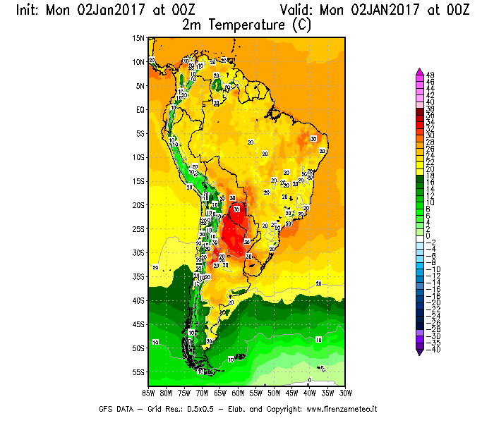 Mappa di analisi GFS - Temperatura a 2 metri dal suolo [°C] in Sud-America
							del 02/01/2017 00 <!--googleoff: index-->UTC<!--googleon: index-->