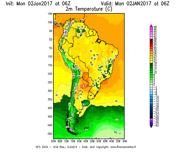 Mappa di analisi GFS - Temperatura a 2 metri dal suolo [°C] in Sud-America
									del 02/01/2017 06 <!--googleoff: index-->UTC<!--googleon: index-->