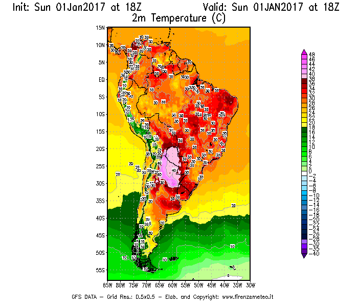 Mappa di analisi GFS - Temperatura a 2 metri dal suolo [°C] in Sud-America
							del 02/01/2017 18 <!--googleoff: index-->UTC<!--googleon: index-->