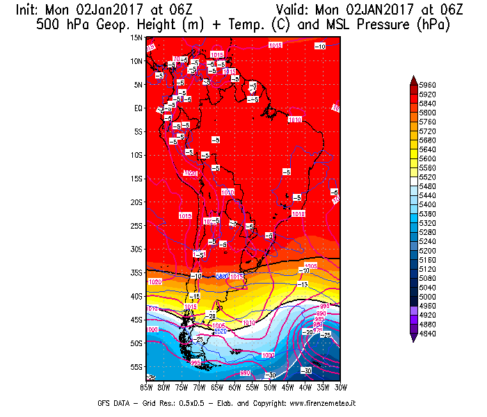 Mappa di analisi GFS - Geopotenziale [m] + Temp. [°C] a 500 hPa + Press. a livello del mare [hPa] in Sud-America
							del 02/01/2017 06 <!--googleoff: index-->UTC<!--googleon: index-->