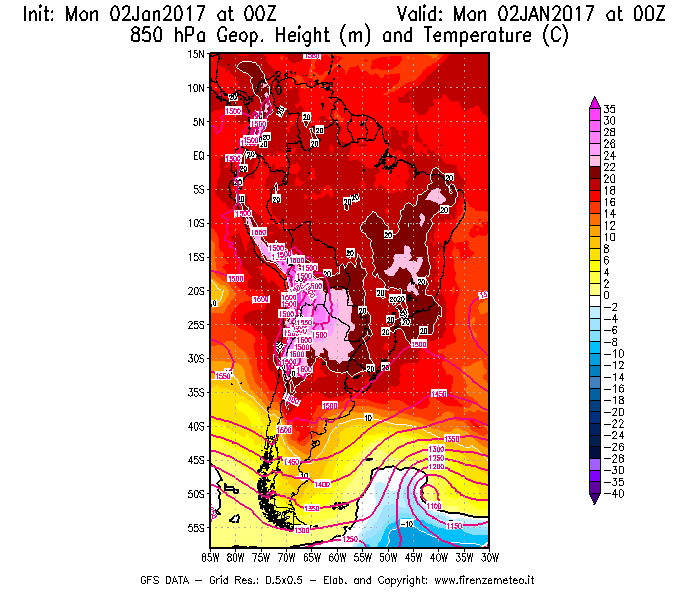 Mappa di analisi GFS - Geopotenziale [m] e Temperatura [°C] a 850 hPa in Sud-America
									del 02/01/2017 00 <!--googleoff: index-->UTC<!--googleon: index-->