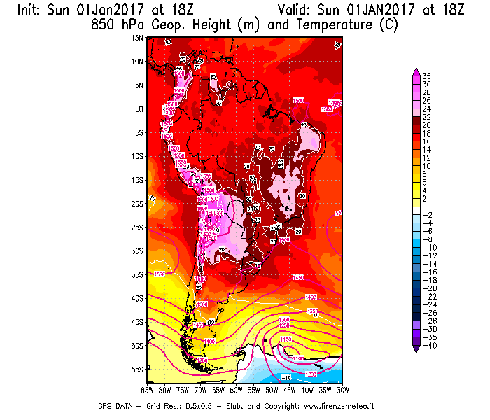 Mappa di analisi GFS - Geopotenziale [m] e Temperatura [°C] a 850 hPa in Sud-America
							del 02/01/2017 18 <!--googleoff: index-->UTC<!--googleon: index-->