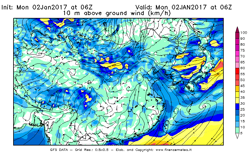 Mappa di analisi GFS - Velocità del vento a 10 metri dal suolo [km/h] in Asia Orientale
									del 02/01/2017 06 <!--googleoff: index-->UTC<!--googleon: index-->