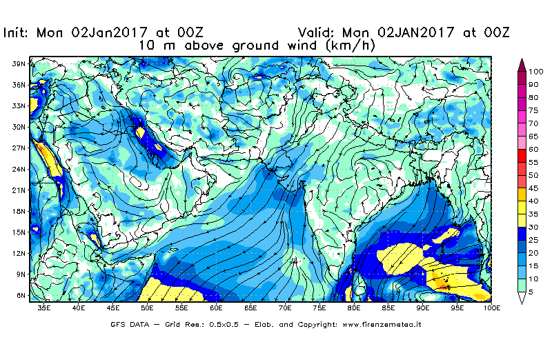 Mappa di analisi GFS - Velocità del vento a 10 metri dal suolo [km/h] in Asia Sud-Occidentale
									del 02/01/2017 00 <!--googleoff: index-->UTC<!--googleon: index-->
