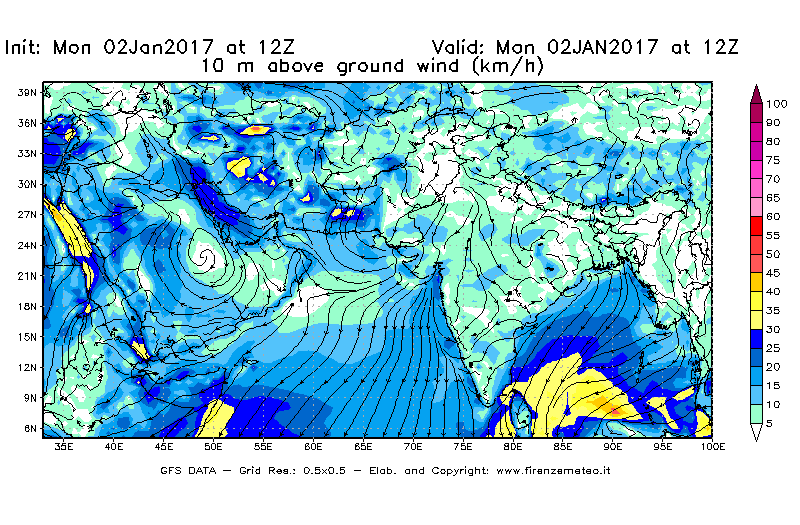 Mappa di analisi GFS - Velocità del vento a 10 metri dal suolo [km/h] in Asia Sud-Occidentale
									del 02/01/2017 12 <!--googleoff: index-->UTC<!--googleon: index-->