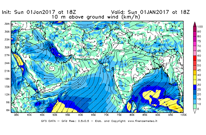 Mappa di analisi GFS - Velocità del vento a 10 metri dal suolo [km/h] in Asia Sud-Occidentale
									del 02/01/2017 18 <!--googleoff: index-->UTC<!--googleon: index-->
