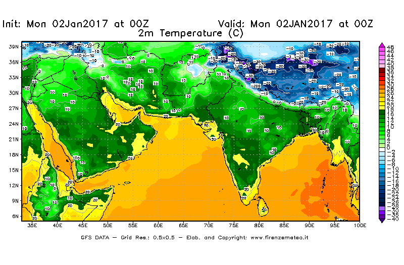 Mappa di analisi GFS - Temperatura a 2 metri dal suolo [°C] in Asia Sud-Occidentale
									del 02/01/2017 00 <!--googleoff: index-->UTC<!--googleon: index-->