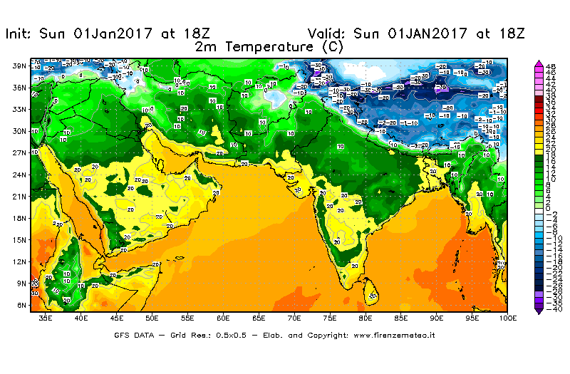 Mappa di analisi GFS - Temperatura a 2 metri dal suolo [°C] in Asia Sud-Occidentale
							del 02/01/2017 18 <!--googleoff: index-->UTC<!--googleon: index-->