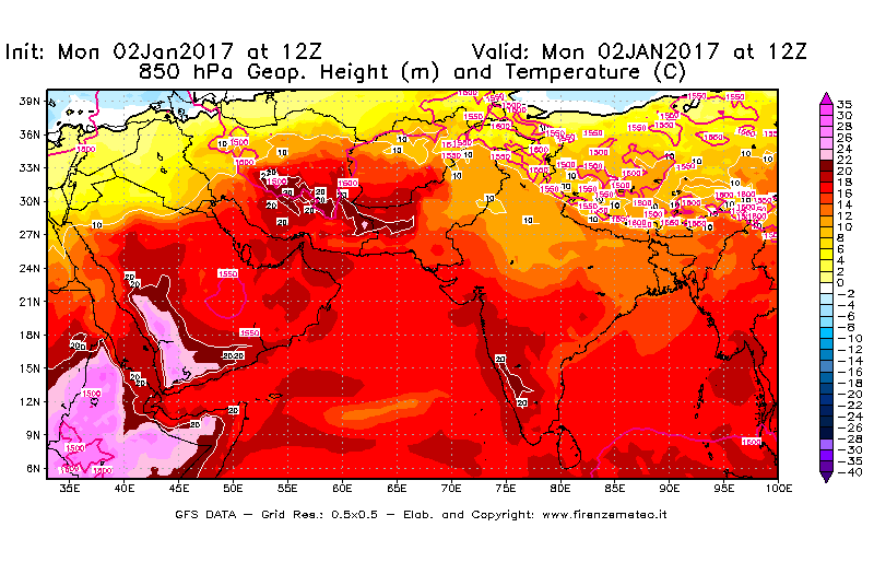 Mappa di analisi GFS - Geopotenziale [m] e Temperatura [°C] a 850 hPa in Asia Sud-Occidentale
									del 02/01/2017 12 <!--googleoff: index-->UTC<!--googleon: index-->