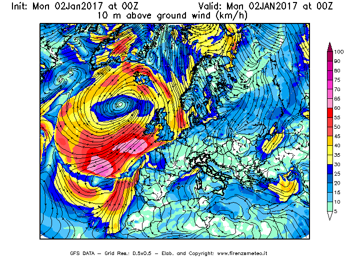 Mappa di analisi GFS - Velocità del vento a 10 metri dal suolo [km/h] in Europa
									del 02/01/2017 00 <!--googleoff: index-->UTC<!--googleon: index-->