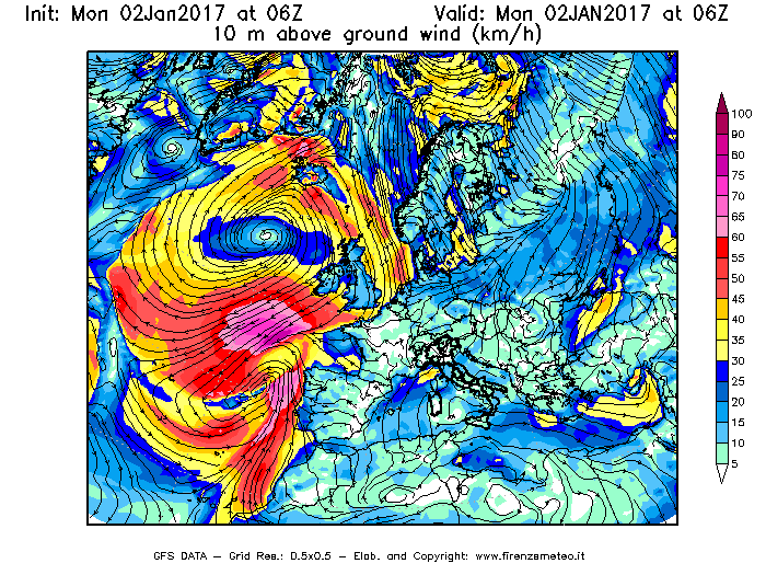 Mappa di analisi GFS - Velocità del vento a 10 metri dal suolo [km/h] in Europa
									del 02/01/2017 06 <!--googleoff: index-->UTC<!--googleon: index-->