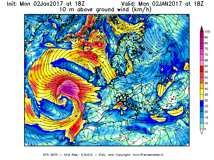 Mappa di analisi GFS - Velocità del vento a 10 metri dal suolo [km/h] in Europa
							del 02/01/2017 18 <!--googleoff: index-->UTC<!--googleon: index-->