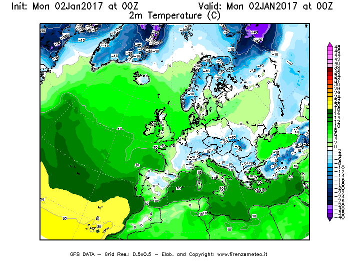 Mappa di analisi GFS - Temperatura a 2 metri dal suolo [°C] in Europa
									del 02/01/2017 00 <!--googleoff: index-->UTC<!--googleon: index-->