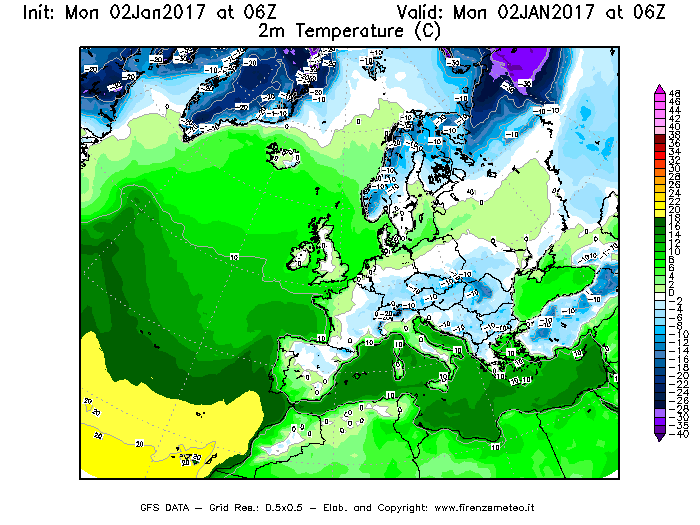 Mappa di analisi GFS - Temperatura a 2 metri dal suolo [°C] in Europa
									del 02/01/2017 06 <!--googleoff: index-->UTC<!--googleon: index-->