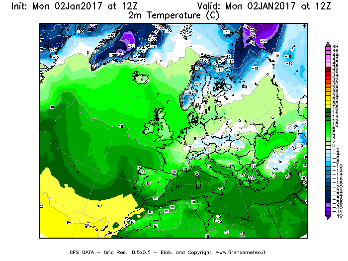Mappa di analisi GFS - Temperatura a 2 metri dal suolo [°C] in Europa
							del 02/01/2017 12 <!--googleoff: index-->UTC<!--googleon: index-->