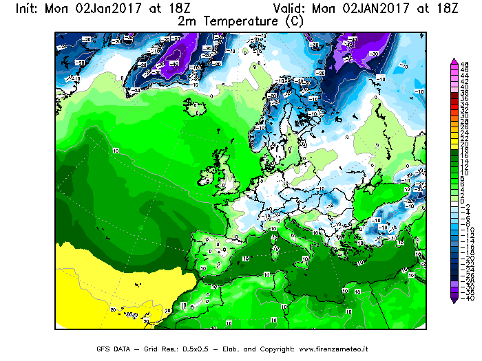 Mappa di analisi GFS - Temperatura a 2 metri dal suolo [°C] in Europa
							del 02/01/2017 18 <!--googleoff: index-->UTC<!--googleon: index-->
