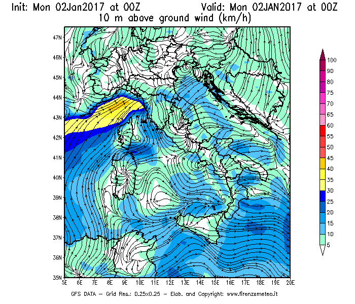 Mappa di analisi GFS - Velocità del vento a 10 metri dal suolo [km/h] in Italia
							del 02/01/2017 00 <!--googleoff: index-->UTC<!--googleon: index-->
