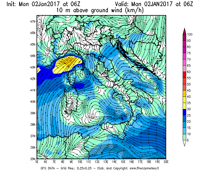 Mappa di analisi GFS - Velocità del vento a 10 metri dal suolo [km/h] in Italia
									del 02/01/2017 06 <!--googleoff: index-->UTC<!--googleon: index-->