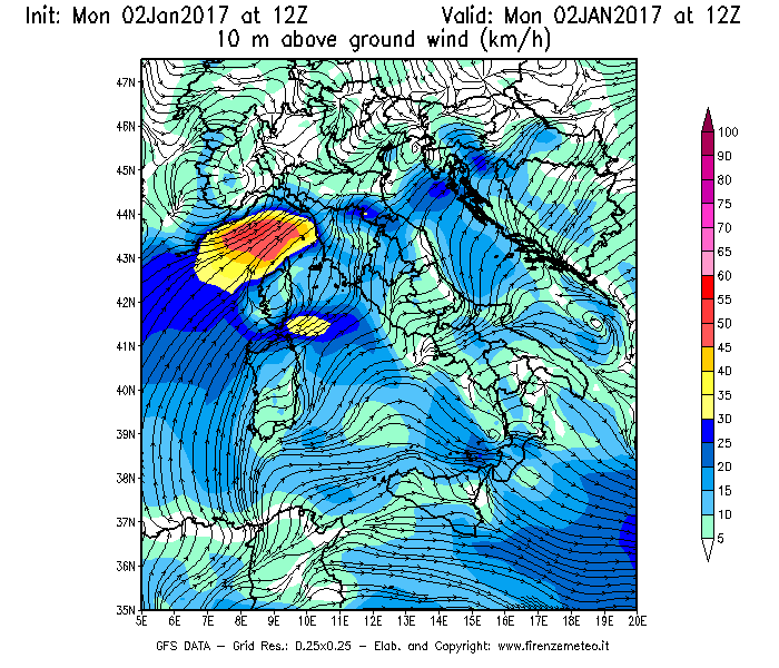 Mappa di analisi GFS - Velocità del vento a 10 metri dal suolo [km/h] in Italia
									del 02/01/2017 12 <!--googleoff: index-->UTC<!--googleon: index-->