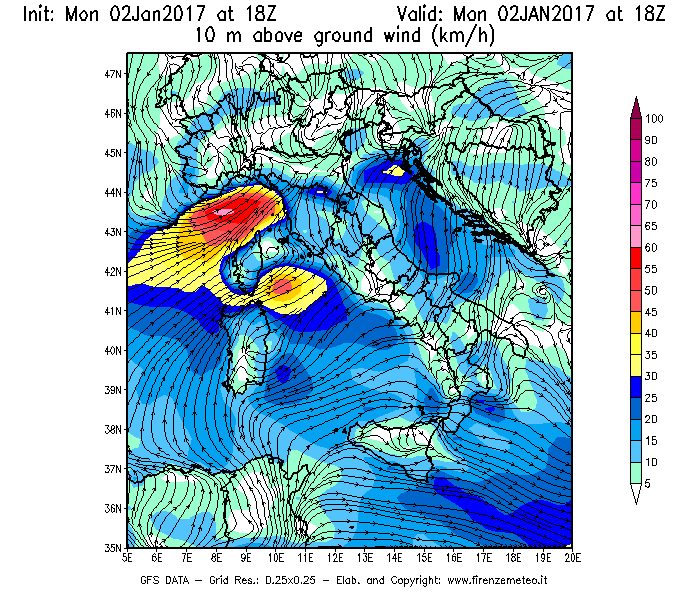 Mappa di analisi GFS - Velocità del vento a 10 metri dal suolo [km/h] in Italia
									del 02/01/2017 18 <!--googleoff: index-->UTC<!--googleon: index-->