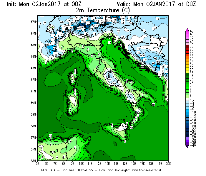 Mappa di analisi GFS - Temperatura a 2 metri dal suolo [°C] in Italia
							del 02/01/2017 00 <!--googleoff: index-->UTC<!--googleon: index-->