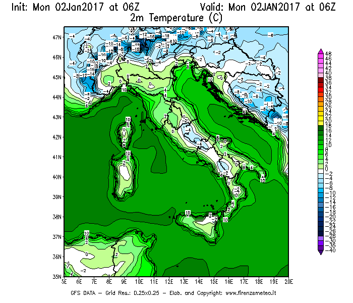 Mappa di analisi GFS - Temperatura a 2 metri dal suolo [°C] in Italia
									del 02/01/2017 06 <!--googleoff: index-->UTC<!--googleon: index-->