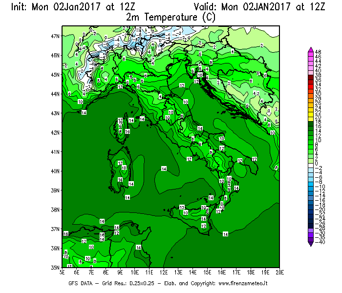 Mappa di analisi GFS - Temperatura a 2 metri dal suolo [°C] in Italia
							del 02/01/2017 12 <!--googleoff: index-->UTC<!--googleon: index-->
