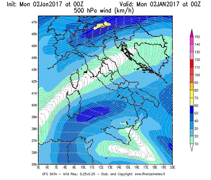 Mappa di analisi GFS - Velocità del vento a 500 hPa [km/h] in Italia
							del 02/01/2017 00 <!--googleoff: index-->UTC<!--googleon: index-->