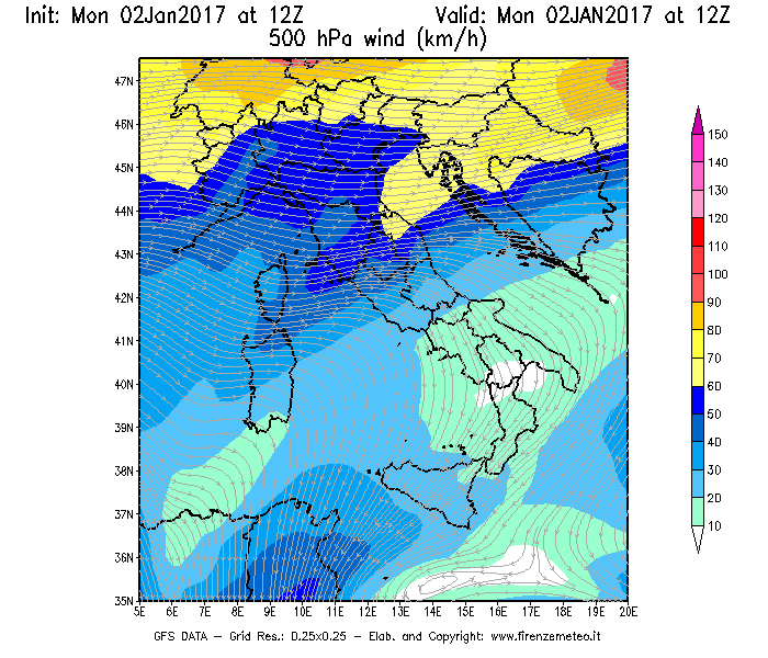 Mappa di analisi GFS - Velocità del vento a 500 hPa [km/h] in Italia
									del 02/01/2017 12 <!--googleoff: index-->UTC<!--googleon: index-->