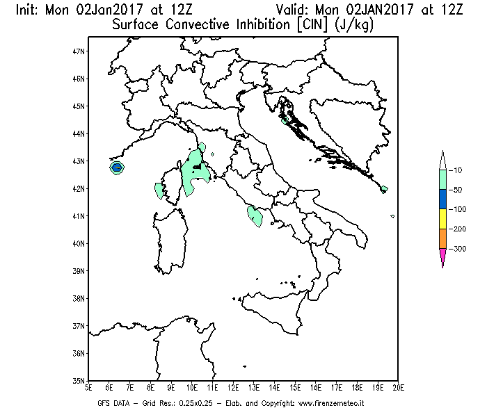 Mappa di analisi GFS - CIN [J/kg] in Italia
							del 02/01/2017 12 <!--googleoff: index-->UTC<!--googleon: index-->