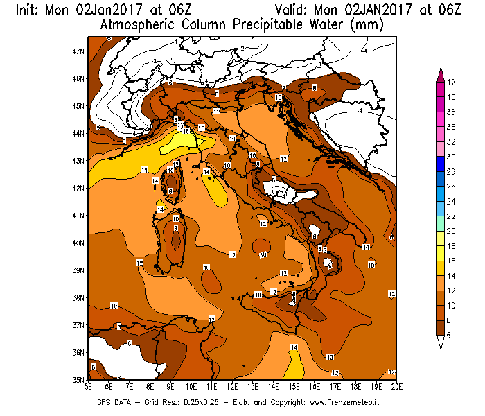 Mappa di analisi GFS - Precipitable Water [mm] in Italia
									del 02/01/2017 06 <!--googleoff: index-->UTC<!--googleon: index-->