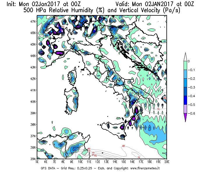 Mappa di analisi GFS - Umidità relativa [%] e Omega [Pa/s] a 500 hPa in Italia
							del 02/01/2017 00 <!--googleoff: index-->UTC<!--googleon: index-->
