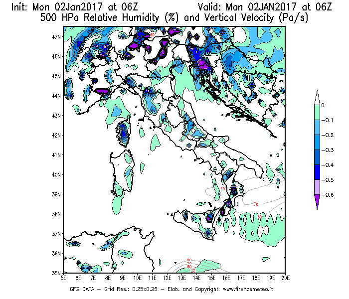 Mappa di analisi GFS - Umidità relativa [%] e Omega [Pa/s] a 500 hPa in Italia
							del 02/01/2017 06 <!--googleoff: index-->UTC<!--googleon: index-->