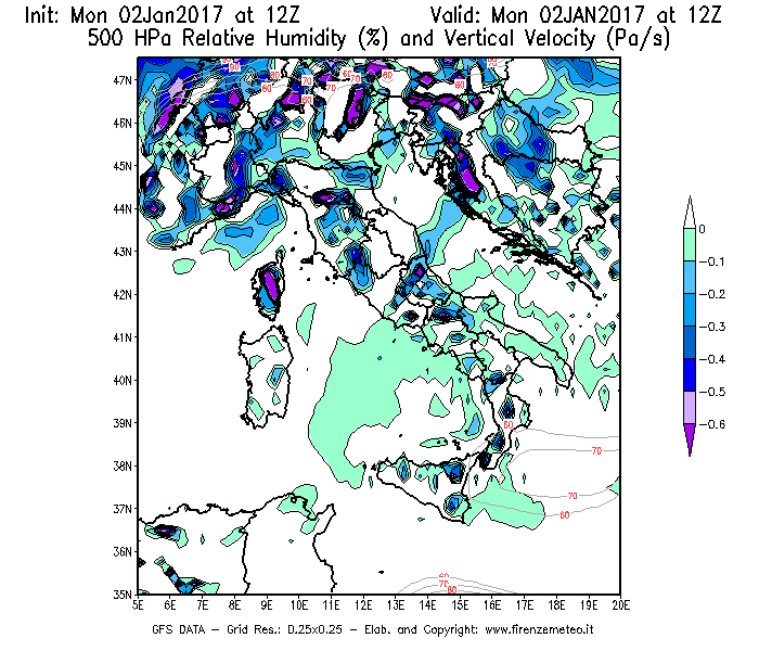 Mappa di analisi GFS - Umidità relativa [%] e Omega [Pa/s] a 500 hPa in Italia
									del 02/01/2017 12 <!--googleoff: index-->UTC<!--googleon: index-->