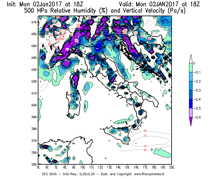 Mappa di analisi GFS - Umidità relativa [%] e Omega [Pa/s] a 500 hPa in Italia
									del 02/01/2017 18 <!--googleoff: index-->UTC<!--googleon: index-->