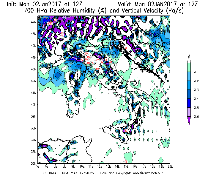 Mappa di analisi GFS - Umidità relativa [%] e Omega [Pa/s] a 700 hPa in Italia
							del 02/01/2017 12 <!--googleoff: index-->UTC<!--googleon: index-->
