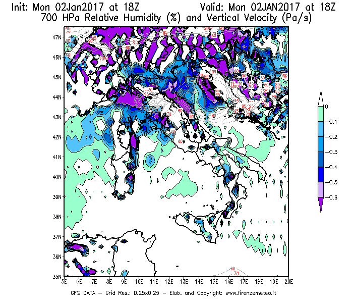 Mappa di analisi GFS - Umidità relativa [%] e Omega [Pa/s] a 700 hPa in Italia
									del 02/01/2017 18 <!--googleoff: index-->UTC<!--googleon: index-->
