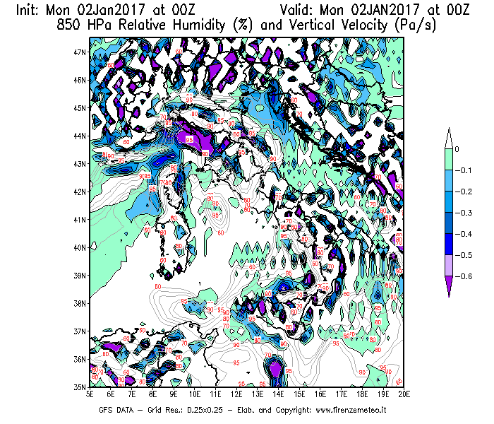 Mappa di analisi GFS - Umidità relativa [%] e Omega [Pa/s] a 850 hPa in Italia
							del 02/01/2017 00 <!--googleoff: index-->UTC<!--googleon: index-->
