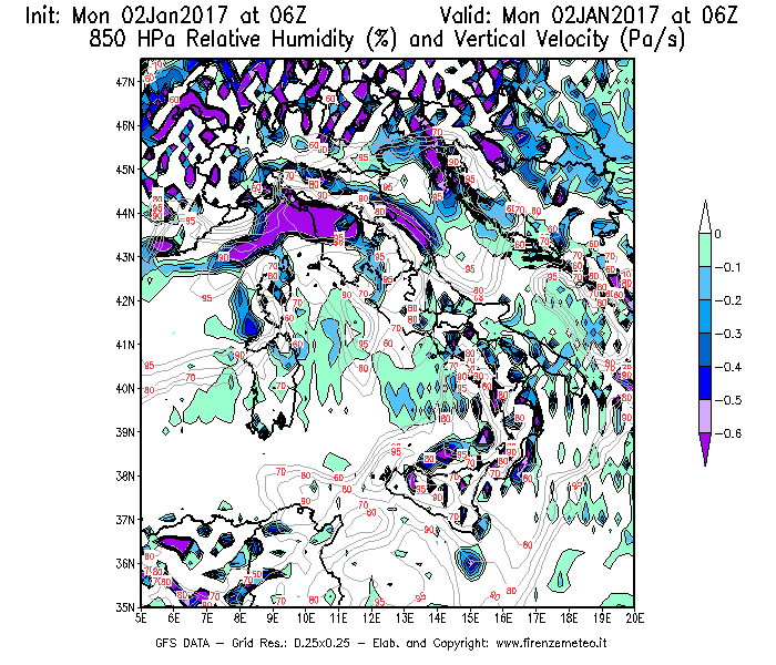Mappa di analisi GFS - Umidità relativa [%] e Omega [Pa/s] a 850 hPa in Italia
									del 02/01/2017 06 <!--googleoff: index-->UTC<!--googleon: index-->