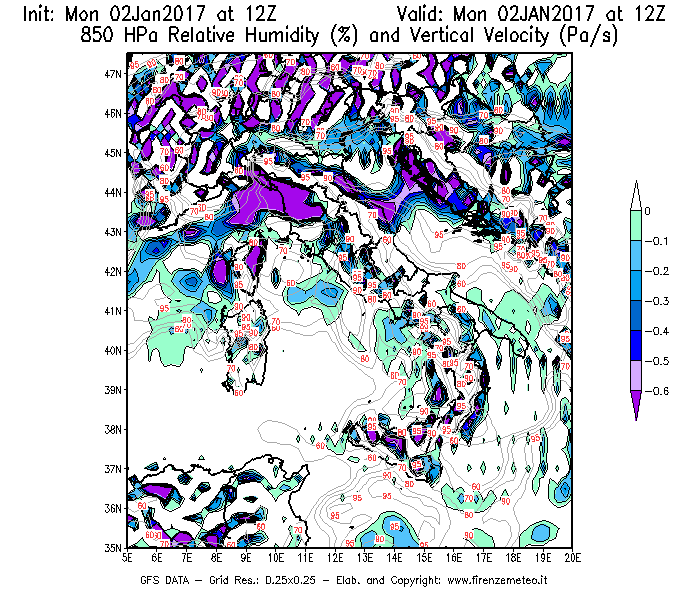 Mappa di analisi GFS - Umidità relativa [%] e Omega [Pa/s] a 850 hPa in Italia
							del 02/01/2017 12 <!--googleoff: index-->UTC<!--googleon: index-->