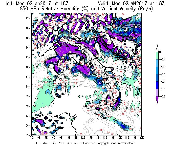 Mappa di analisi GFS - Umidità relativa [%] e Omega [Pa/s] a 850 hPa in Italia
									del 02/01/2017 18 <!--googleoff: index-->UTC<!--googleon: index-->