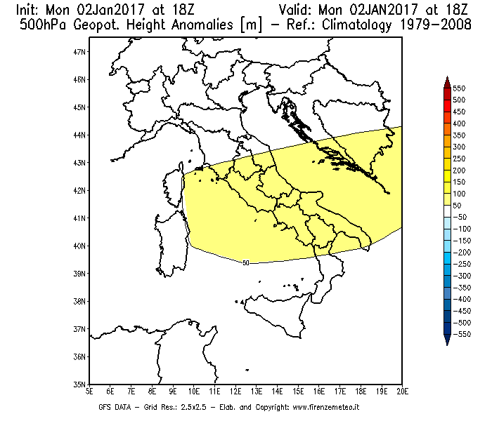 Mappa di analisi GFS - Anomalia di Geopotenziale a 500 hPa in Italia
									del 02/01/2017 18 <!--googleoff: index-->UTC<!--googleon: index-->