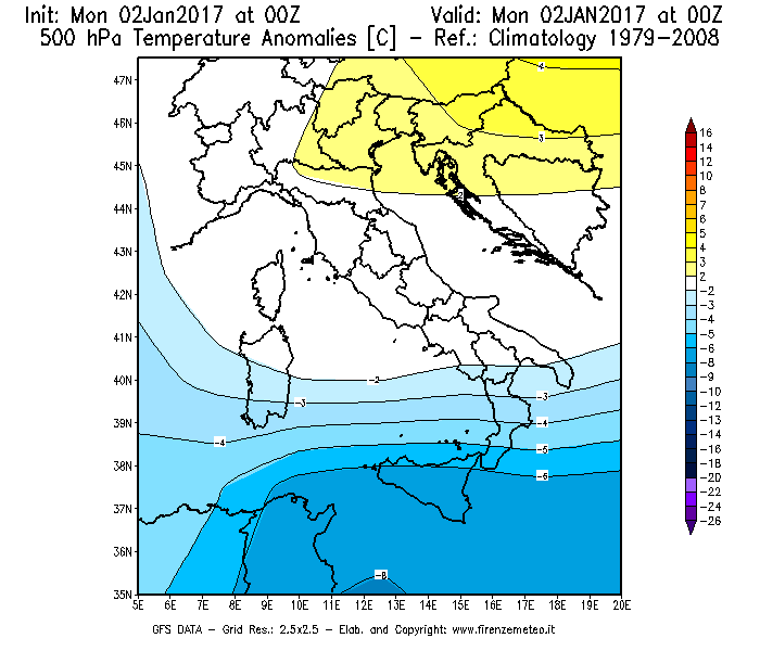 Mappa di analisi GFS - Anomalia Temperatura [°C] a 500 hPa in Italia
							del 02/01/2017 00 <!--googleoff: index-->UTC<!--googleon: index-->