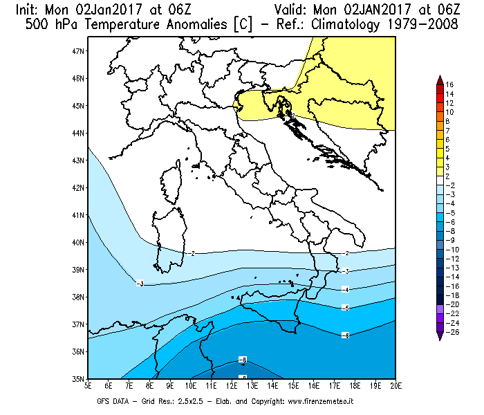 Mappa di analisi GFS - Anomalia Temperatura [°C] a 500 hPa in Italia
									del 02/01/2017 06 <!--googleoff: index-->UTC<!--googleon: index-->