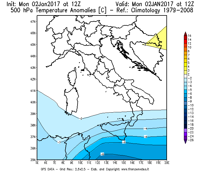 Mappa di analisi GFS - Anomalia Temperatura [°C] a 500 hPa in Italia
									del 02/01/2017 12 <!--googleoff: index-->UTC<!--googleon: index-->
