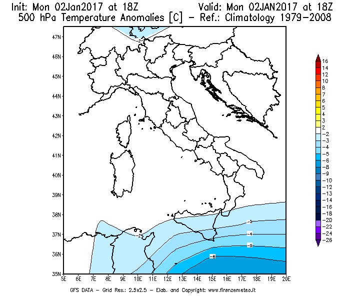 Mappa di analisi GFS - Anomalia Temperatura [°C] a 500 hPa in Italia
									del 02/01/2017 18 <!--googleoff: index-->UTC<!--googleon: index-->